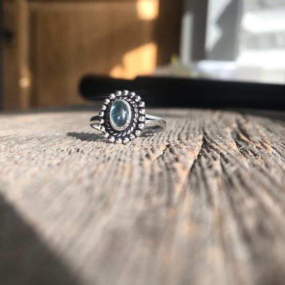 Sterling silver plated miniature focal blue topaz cocktail ring with beaded band - Picture 7 of 8
